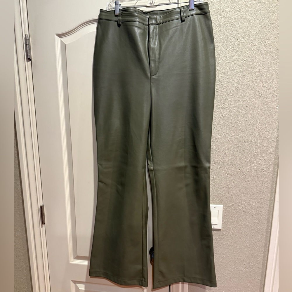 NWOT Royalty by Maluma Flare-Leg Faux-Leather Pants in olive green - Picture 2 of 4